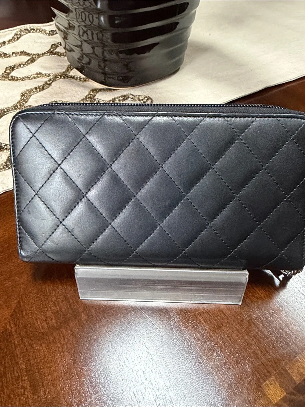 CHANEL Black Quilted Zip Wallet with Silver CC Patch